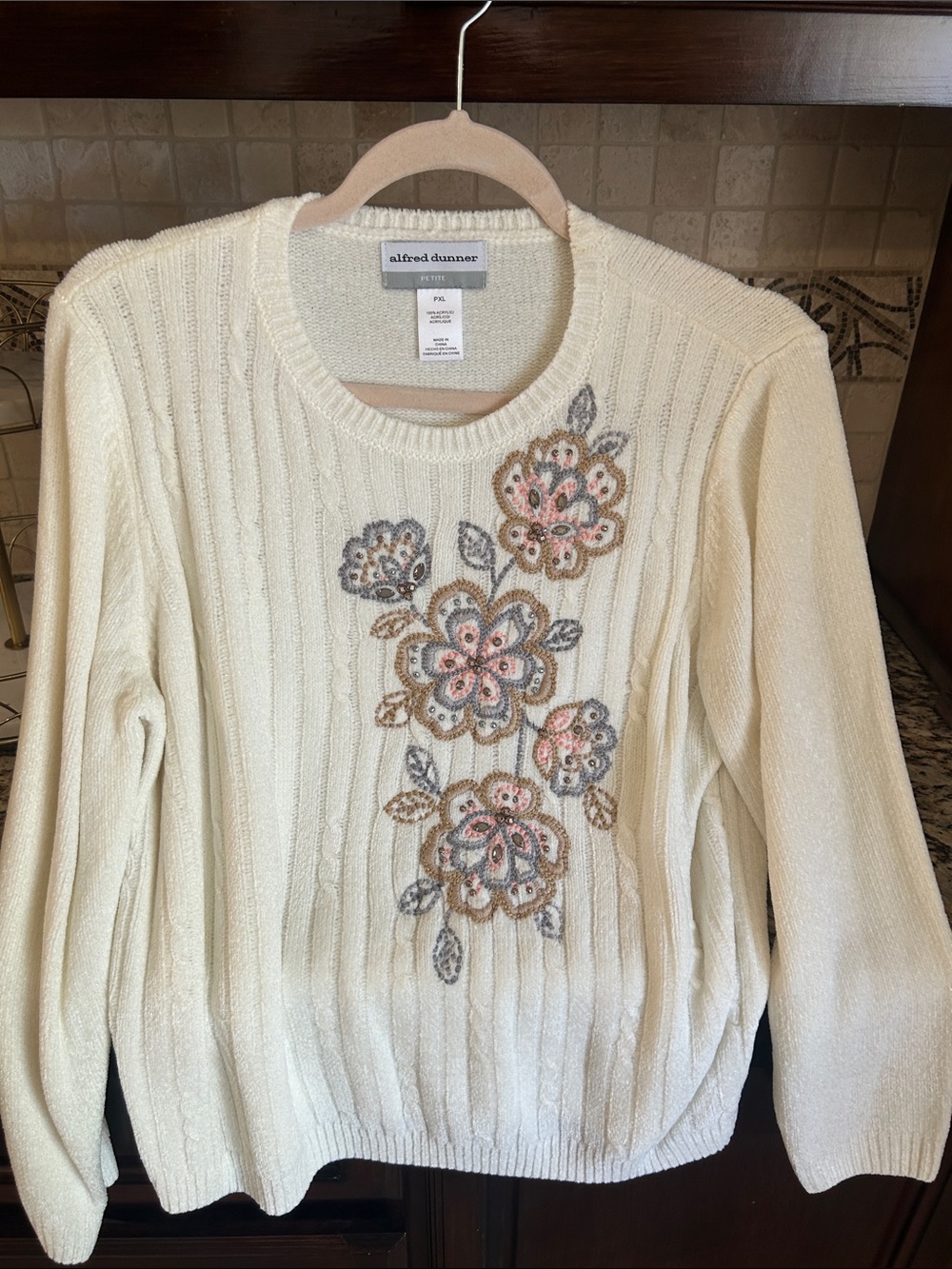 Alfred Dunner Cream Ribbed Crewneck Sweater with Floral Appliqué